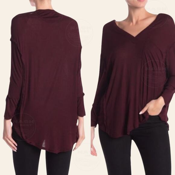 We The Free Free People S Oversized V-Neck Top | Wine Soft Boho Tee T-shirt - Picture 8 of 8